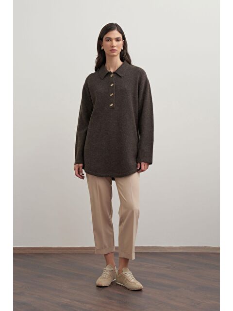 ALLDAY Kahve-Gold Dügmeli Yarım Patlı Kazak