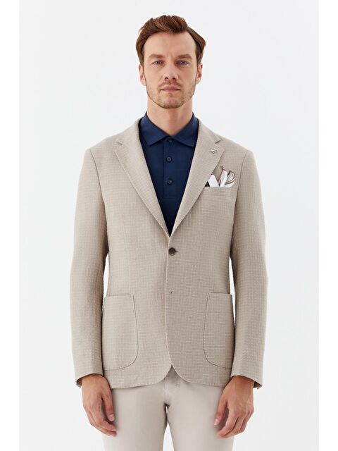 Sabri Özel Koyu Bej Mono Yaka Keten Karışımlı Blazer Erkek Ceket - S000525144-19933