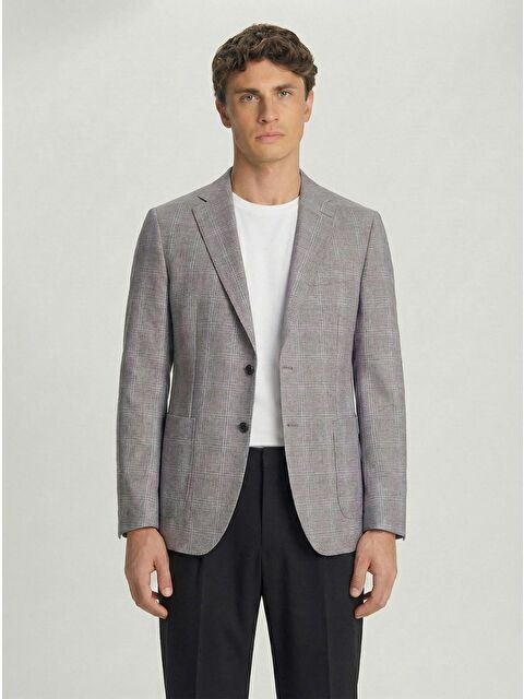 Sabri Özel Gri Slim Fit Pamuklu Mono Yaka Kareli Casual Ceket - S000525145-20600