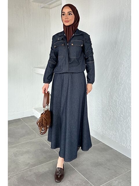 Julude Gülseli Fermuarlı Jean Ceket Etek Tesettür İkili Takım