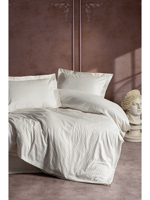 Varol Pamuk Box Elegant Stripe Çift Kişilik Nevresim Takımı Saten Ekru - S000448096-23173