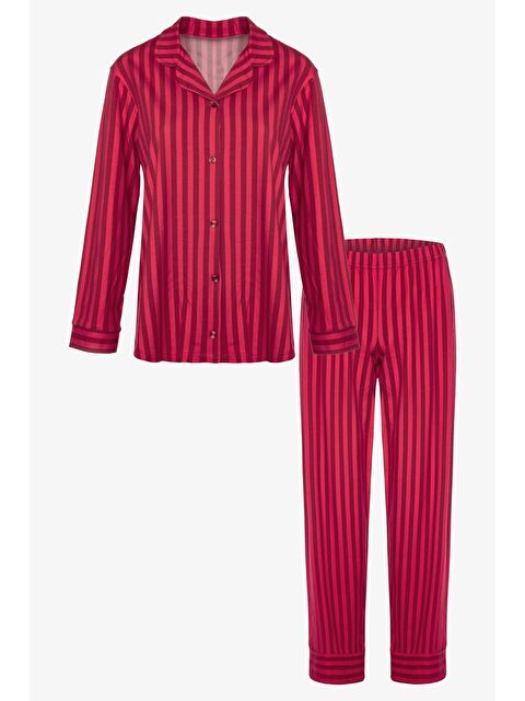 Koza İç Giyim Kadın Pamuklu Kırmızı Çizgili Gömlek Yaka Uzun Kollu Pijama Takımı - S000266389-20045