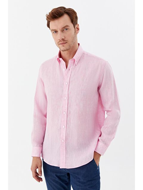 Sabri Özel Erkek Pembe Uzun Kollu %100 Keten Regular Fit Düğmeli Yaka Gömlek - S000525155-20024