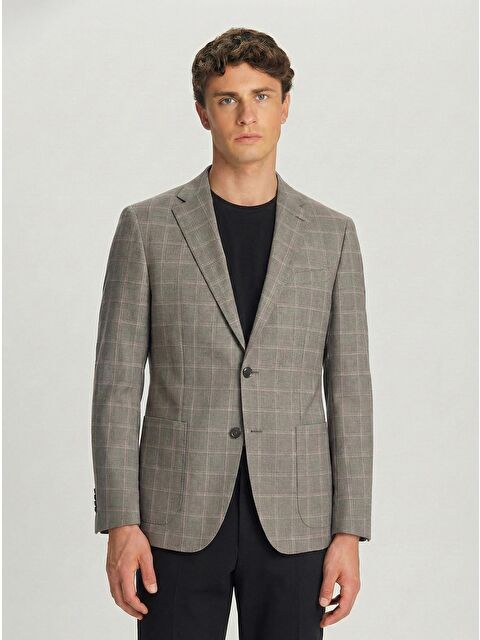 Sabri Özel Kahve Regular Fit Pamuklu Mono Yaka Ekose Desenli Ceket - S000525156-19413