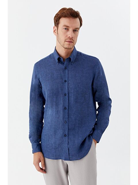 Sabri Özel Erkek İndigo Uzun Kollu %100 Keten Regular Fit Düğmeli Yaka Gömlek - S000525157-17234