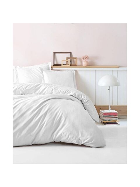 Varol Pamuk Box Elegant Stripe Çift Kişilik Nevresim Takımı Saten Beyaz - S000448297-23173
