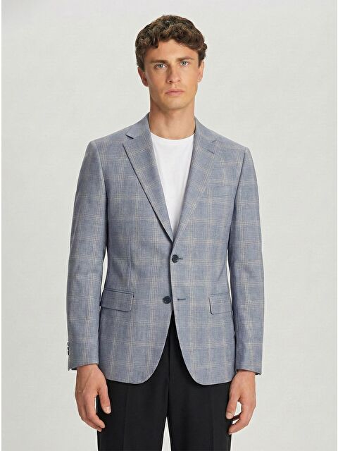 Sabri Özel Mavi Slim Fit Pamuklu Mono Yaka Kareli Casual Ceket - S000525158-17234