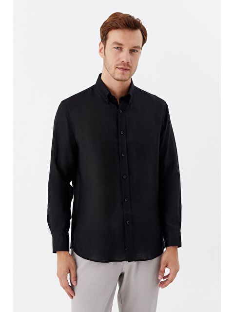 Sabri Özel Erkek Siyah Uzun Kollu %100 Keten Regular Fit Düğmeli Yaka Gömlek - S000525160-19351