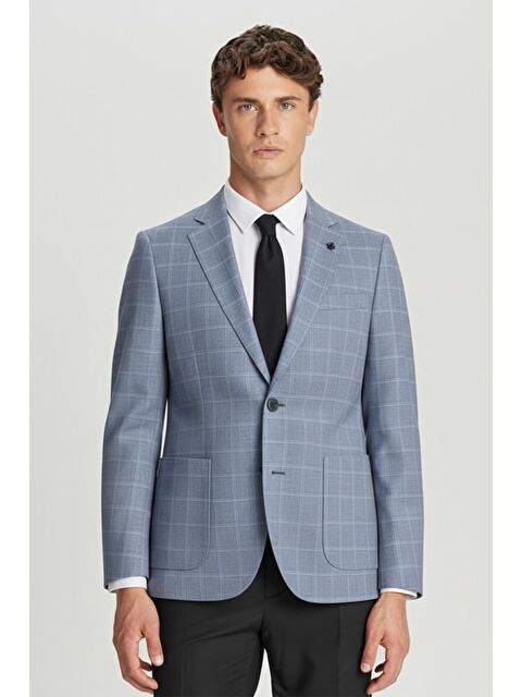 Sabri Özel Mavi Regular Fit Pamuklu Mono Yaka Ekose Desenli Ceket - S000525162-17234