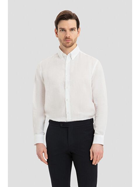 Sabri Özel Erkek Beyaz Uzun Kollu %100 Keten Regular Fit Düğmeli Yaka Gömlek - S000525164-20063