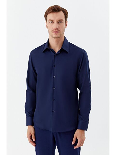 Sabri Özel Erkek Lacivert Sivri Yaka %100 Pamuk Regular Fit Uzun Kollu Gömlek - S000525167-21164