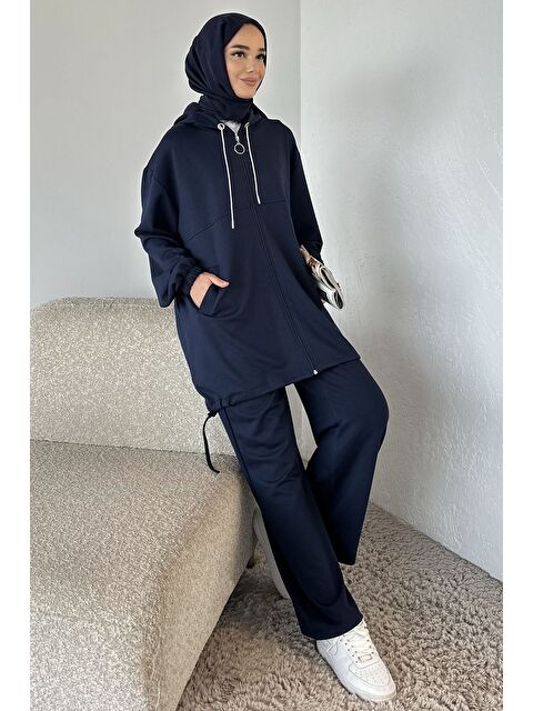 Julude Ön Fermuarlı Kapüşonlu Tunik Bel Lastikli Pantolon Tesettür İkili Takım - S000470349-21164
