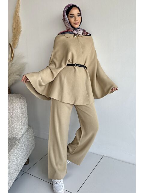 Julude Gülseli Kadın Gold Düğmeli Kemer Detaylı Triko Panço Pantolon Tesettür İkili Takım - S000491581-19928