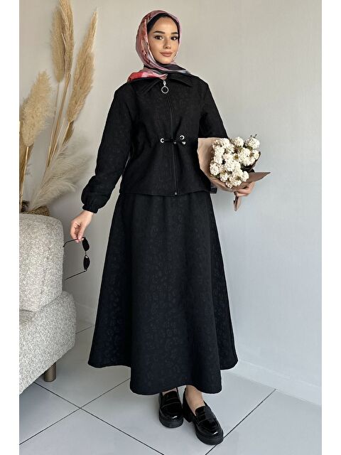 Julude Kendinden Desenli Ceket Bel Lastikli Etek Tesettür İkili Takım - S000491582-19351