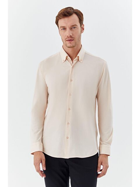 Sabri Özel Erkek Krem Slim Fit Düğmeli Yaka Uzun Kollu Gömlek - S000525178-19966