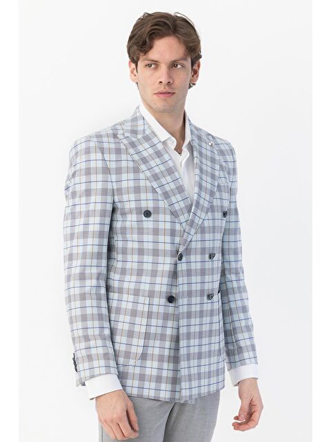 Sabri Özel Giotelli Mavi Regular Fit Sivri Yaka Kruvaze Ekose Casual Ceket - S000525180-17234