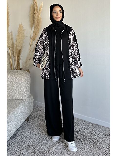 Julude Dijital Baskılı Kapüşonlu Tunik Bel Lastikli Pantolon Tesettür İkili Takım - S000491585-19351