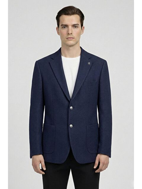 Sabri Özel Lacivert Slim Fit Yün Karışımlı Mono Yaka Desenli Erkek Ceket - S000525181-21164