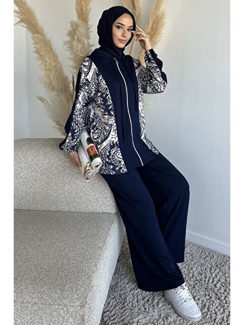 Julude Dijital Baskılı Kapüşonlu Tunik Bel Lastikli Pantolon Tesettür İkili Takım - S000491585-21164