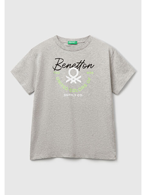 United Colors Of Benetton Erkek Çocuk Gri Melanj Benetton Logo Baskılı T-Shirt - S000416671-20600