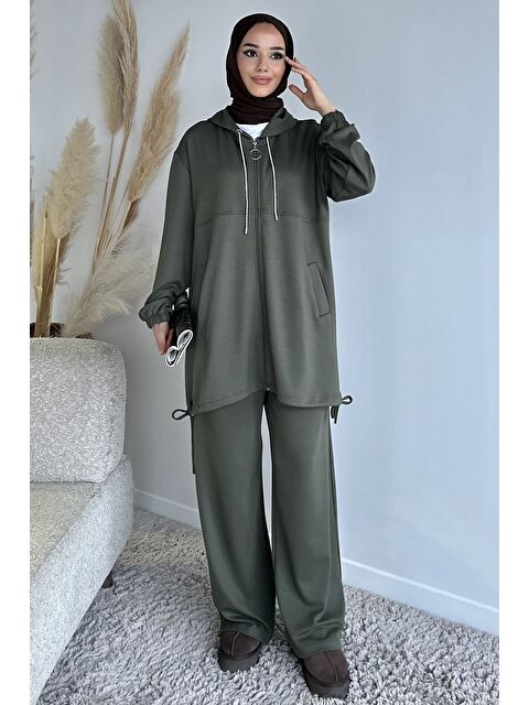 Julude Ön Fermuarlı Kapüşonlu Tunik Bel Lastikli Pantolon Tesettür İkili Takım - S000470349-18547