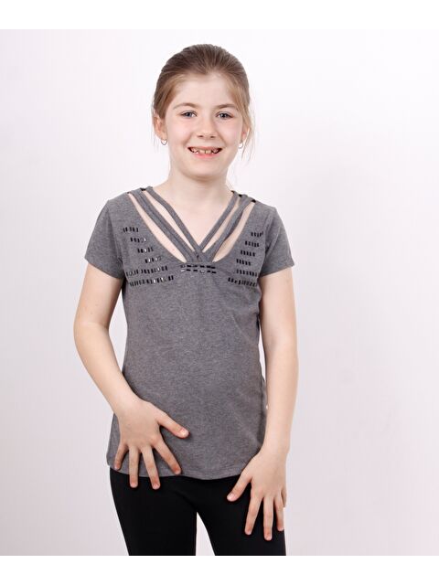 Toontoykids Kız Çocuk Yaka Biyeli Taşlı Tişört - S000255241-29666