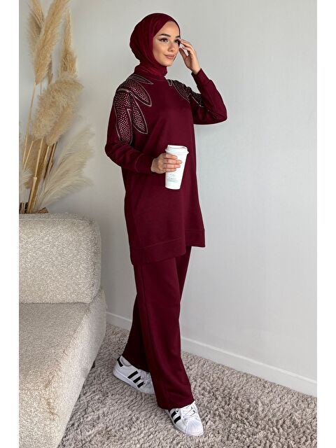 Julude Bisiklet Yaka Taş İşlemeli Tunik Bel Lastikli Pantolon Tesettür İkili Takım - S000491592-19951