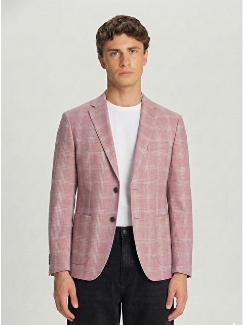 Sabri Özel Erkek Kiremit Slim Fit Pamuklu Mono Yaka Kareli Casual Ceket - S000525187-18657