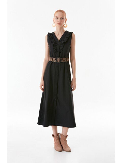 Fullamoda Önü Fırfırlı V Yaka Kemerli Elbise - S000220393-19351