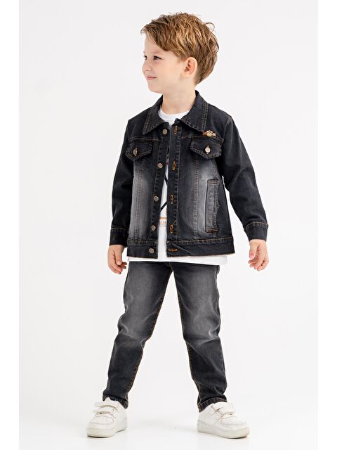 Cansın Mini Siyah Jean Ceketli Pantolonlu Erkek Çocuk Tişörtlü 3lü Takım 18073 - S000147360-19351