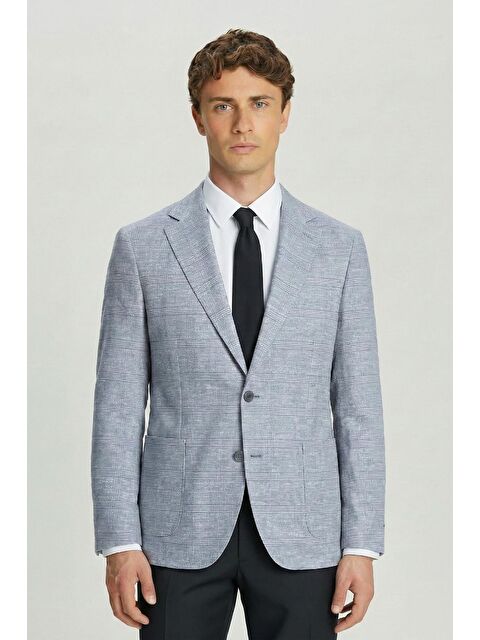 Sabri Özel Erkek Gri Regular Fit Klasik Yaka Ekose Desenli Dokuma Ceket 6 Drop - S000525193-20600