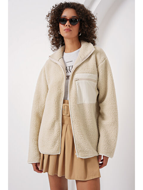 Bigdart 55446 Fermuarlı Oversize Pelüş Ceket Mont   Krem - S000291464-19966