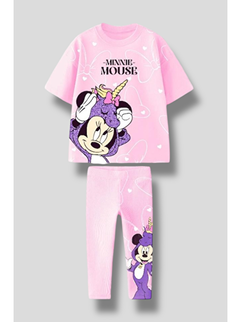 Magu Kız Çocuk Minnie Mouse Baskılı 2'Li Takım - Kısa Kollu Tişört Ve Desenli Tayt - S000492062-20024