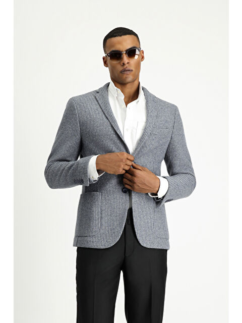 Kiğılı Super Slim Fit Ekstra Dar Kesim Yünlü Çizgili Spor Örme Ceket