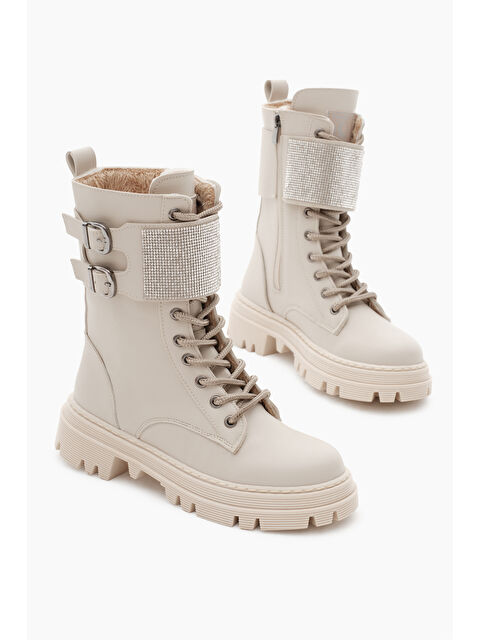 TONNY BLACK Kadın Bej Cilt Termo Taban Yanı Çift Tokalı Taşlı Bağcıklı ve Fermuarlı Bot - S000288269-19928