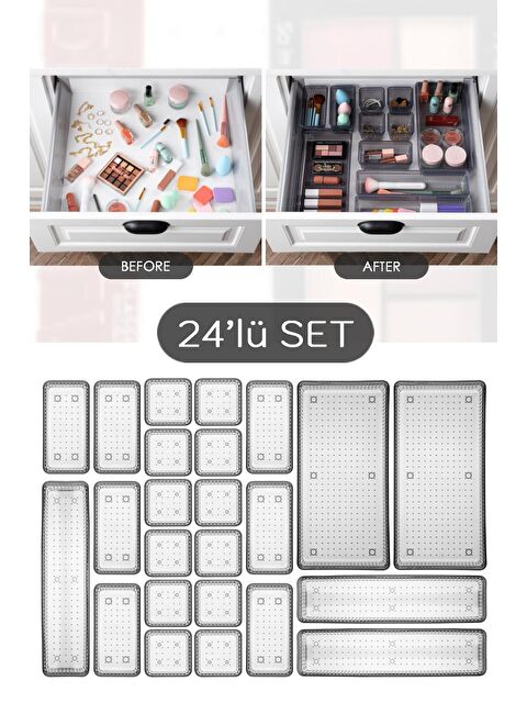 Meleni Home 24'lü Multi Set - Çekmece İçi Düzenleyici - Banyo Makyaj ve Takı Organizer Siyah - S000114967-19351