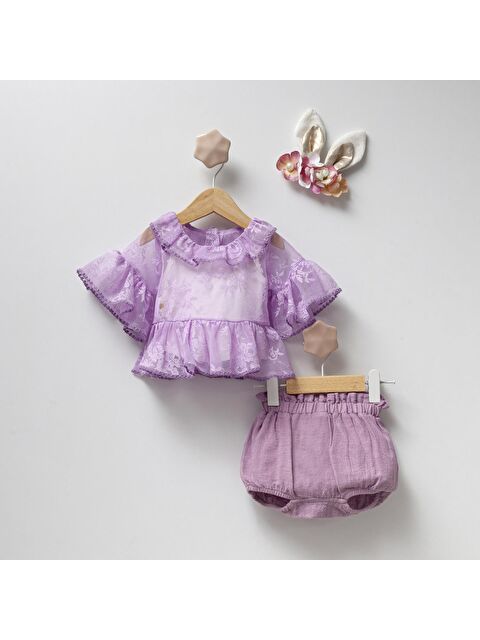Magu Kız Bebek Lila Dantel Detaylı Volanlı Bluz Şort Takım - S000492067-17878