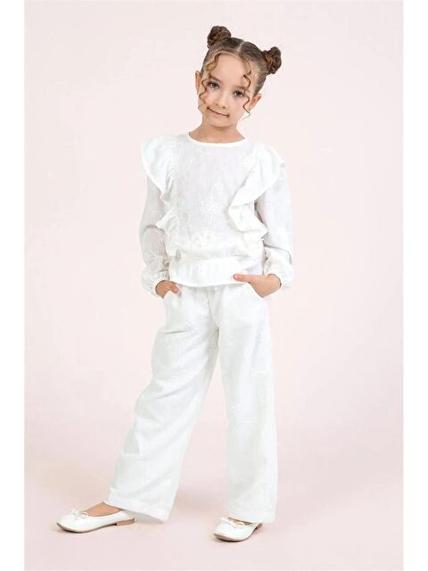 Magu Kız Çocuk Pamuklu Beyaz Nakışlı Takım - Fırfırlı Bluz Ve Bol Paça Pantolonlu - S000492072-20063