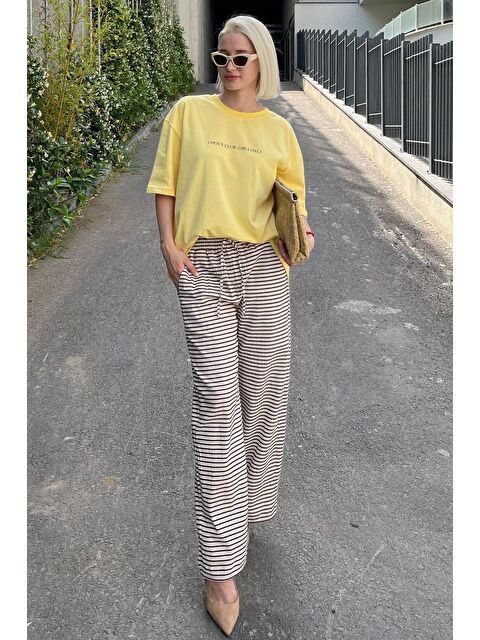 Madmext Kahverengi Beli Ayarlanabilir Pamuklu Bol Paça Dökümlü Çizgili Pantolon Mg2133 - S000216100-19413