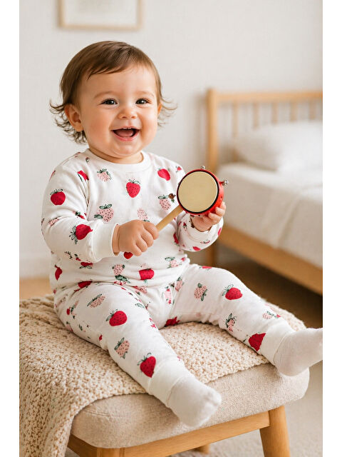 Mai Perla Kız Bebek Çilek Desenli  İkili Takım Organik Pamuklu Uzun Kollu Alt Üst Set (0–24 Ay)