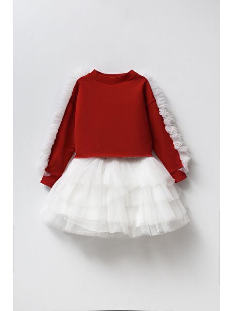 Magu Pembe Pamuklu Fırfırlı Sweatshirt Tüllü Etek Alt-Üst Takım Kız Çocuk - S000492079-20045