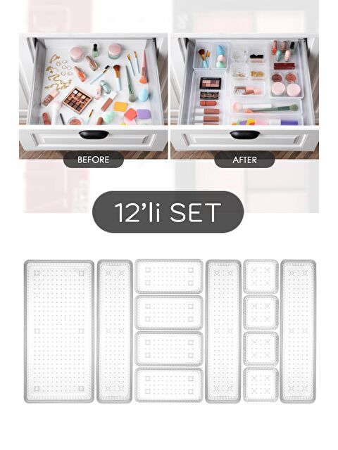 Meleni Home 12'li Dolap İçi Takı Makyaj Organizer - Çekmece İçi Düzenleyici Set Şeffaf - S000114970-26865