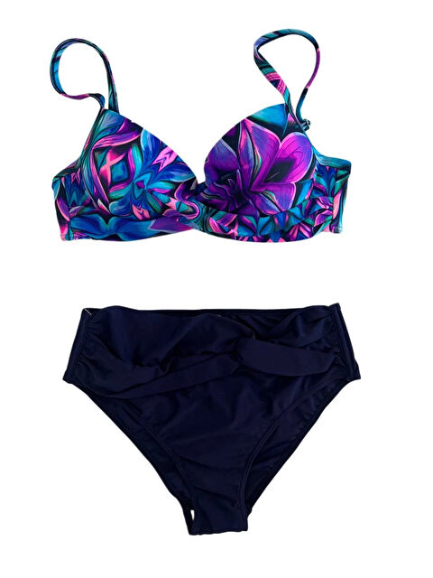 Hazelin Kadın Lacivert Fuşya Çiçek Desenli Astarlı Büyük Beden Bikini Takımı HZL25S-LC24108 - S000417351-18686