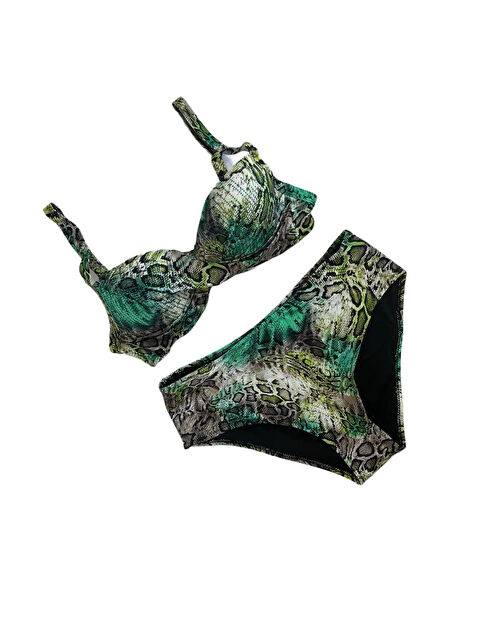 Hazelin Kadın Yeşil Leopar Desenli Astarlı Büyük Beden Bikini Takımı HZL25S-LC25006