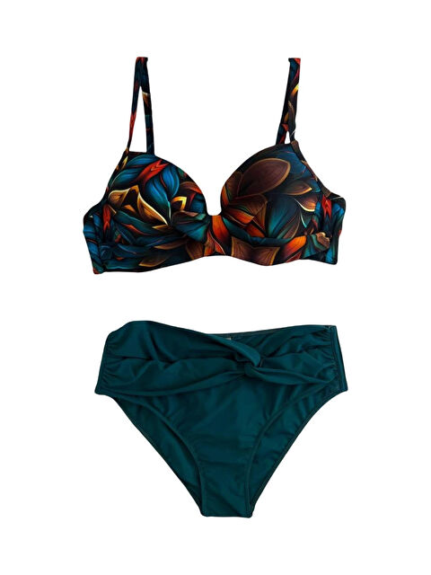 Hazelin Kadın Petrol Yeşili Çiçek Desenli Astarlı Büyük Beden Bikini Takımı HZL25S-LC24108 - S000417351-18194