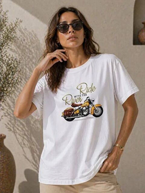 Jane's Motosiklet Baskılı Tişört Bisiklet Yaka Kısa Kol Yazlık T-Shirt - Beyaz