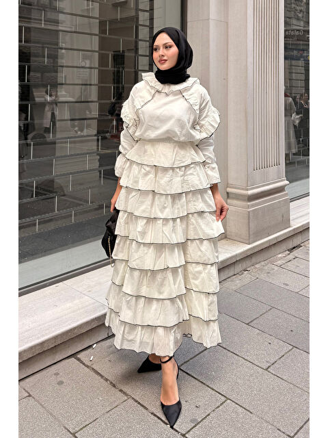 Locco Moda Kadın Kat Kat Vual Etekli Takım Bej