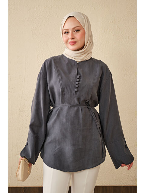 Locco Moda Kadın Önü Çoban Düğmeli Bel Bağlamalı Tunik Antrasit