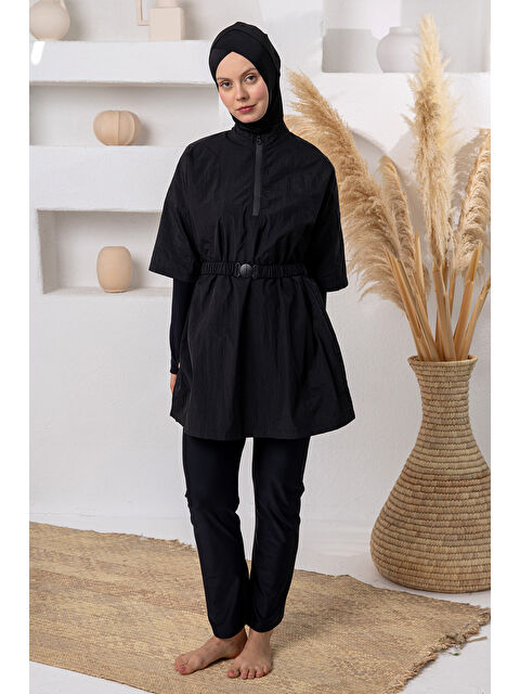 Adasea UV Korumalı Paraşüt Bilek Geçirme Detay Yelekli Tam Kapalı Tesettür Mayo 1306 Siyah04