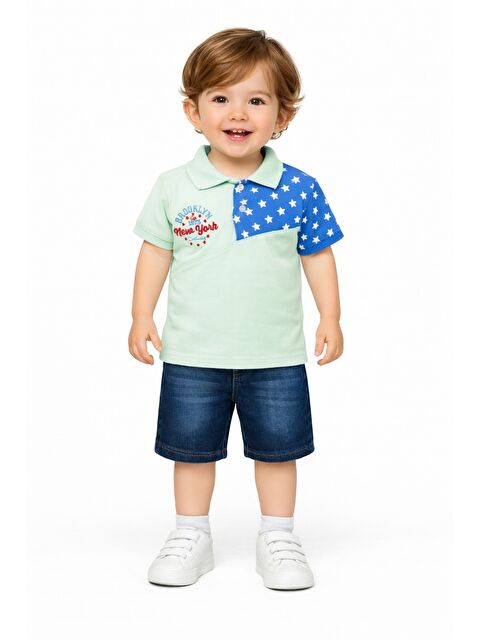 Kidex's Erkek Bebek Polo Yaka Yıldız Desenli Tişört Jean Şort 2’li Yazlık Takım